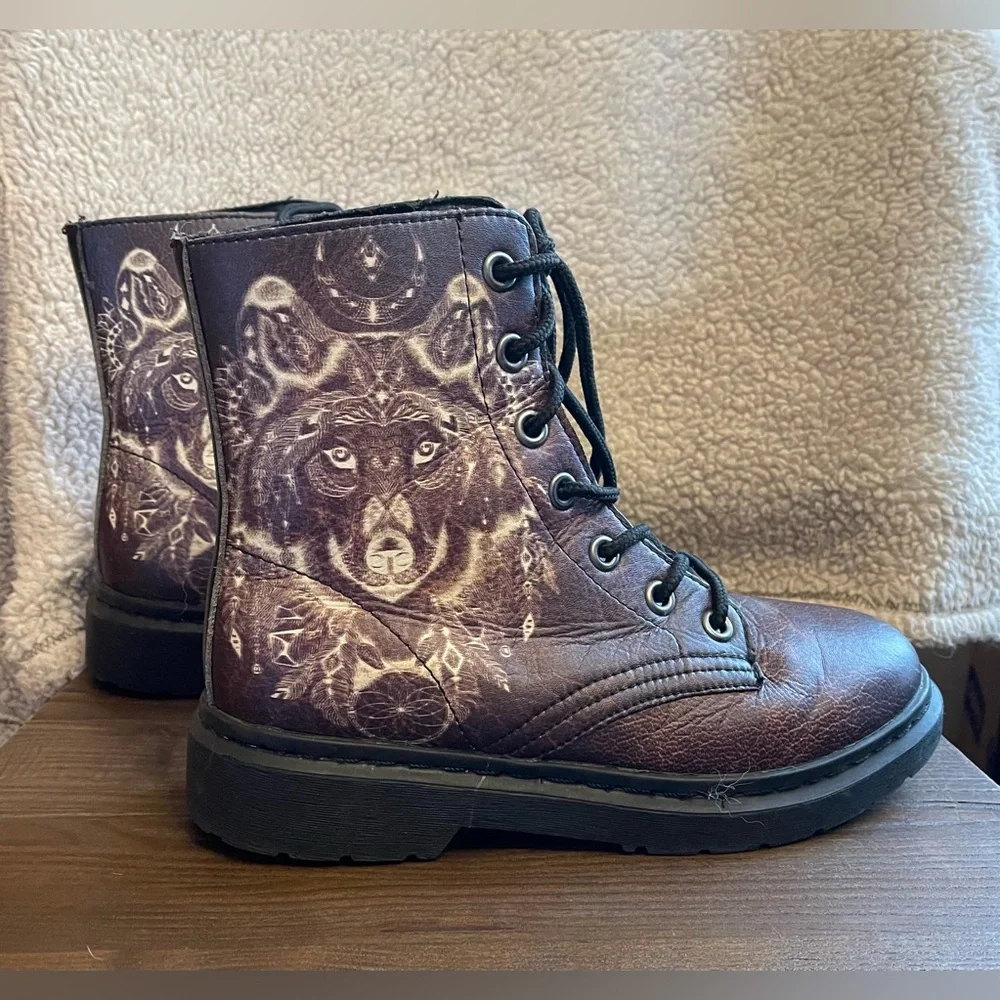 Yes We Vibe Wolf Brown‎ Vegan Leather Combat Boots Kids 4.5M Womens 6W EU 36.5